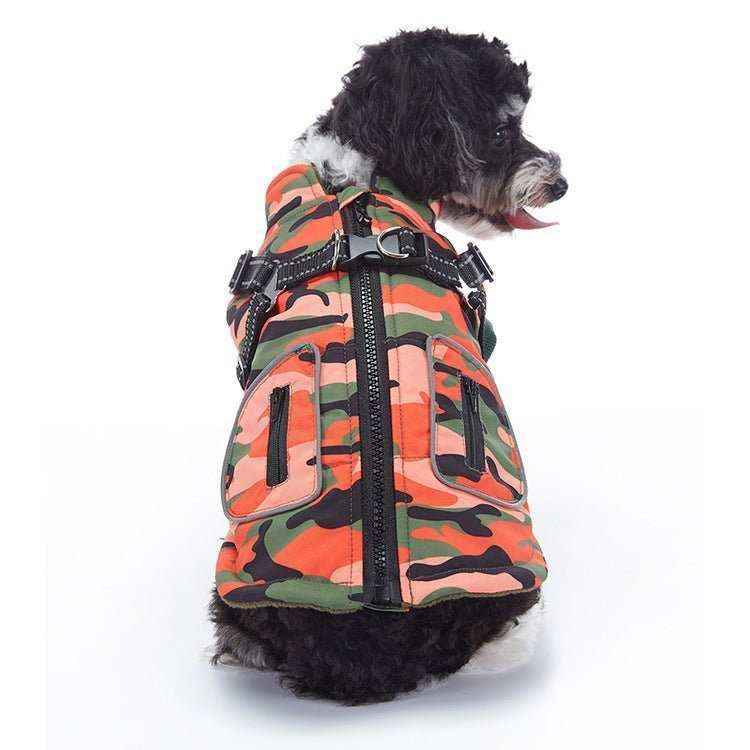 Black and white dog wearing orange and green camouflage dog jacket with zipper and harness