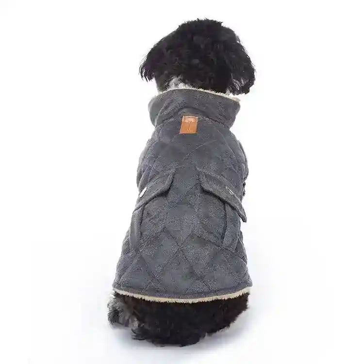 Small black dog wearing a quilted gray alpaca fur-lined warm dog coat with pockets, sitting facing away