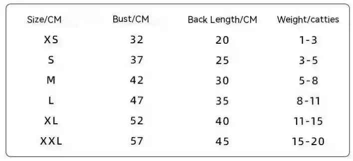 Size chart for pet coat showing bust, back length in cm, and recommended weight range for sizes XS to XXL