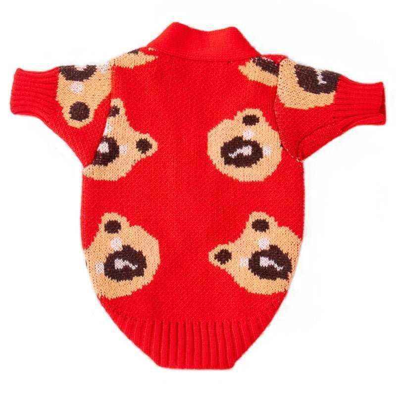 Red knitted dog sweater with cute teddy bear faces pattern and short sleeves