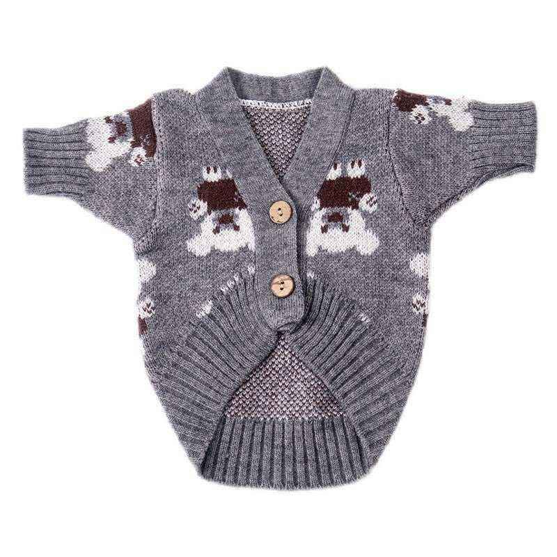 Gray knitted dog cardigan with bear pattern and two wooden buttons, short sleeves