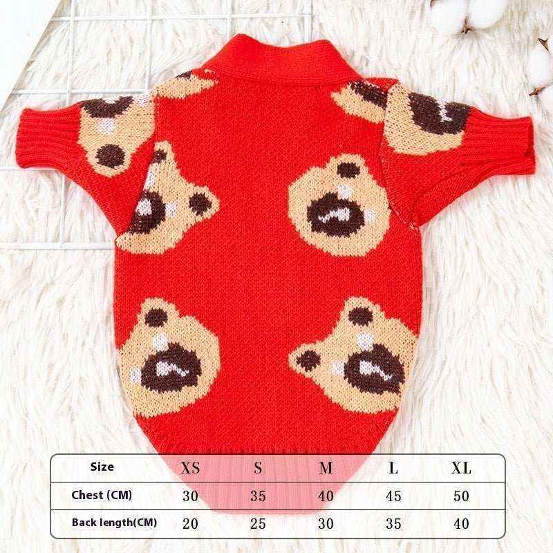 Red knit dog cardigan with bear face pattern, displayed on white textured background with size chart