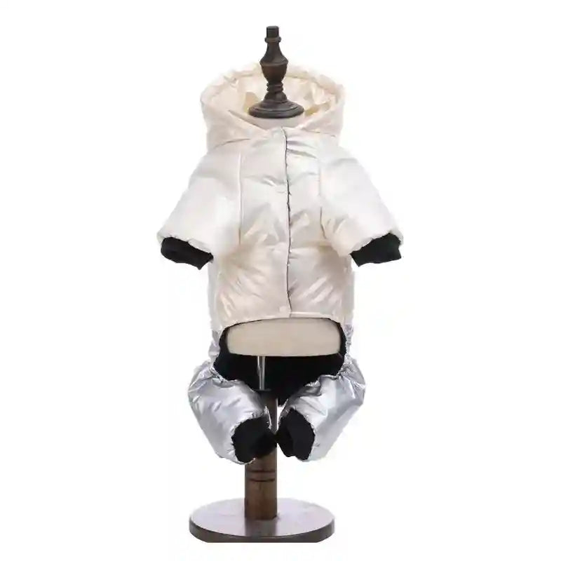Shiny white and silver puffer dog jacket with hood and black inner lining displayed on mannequin