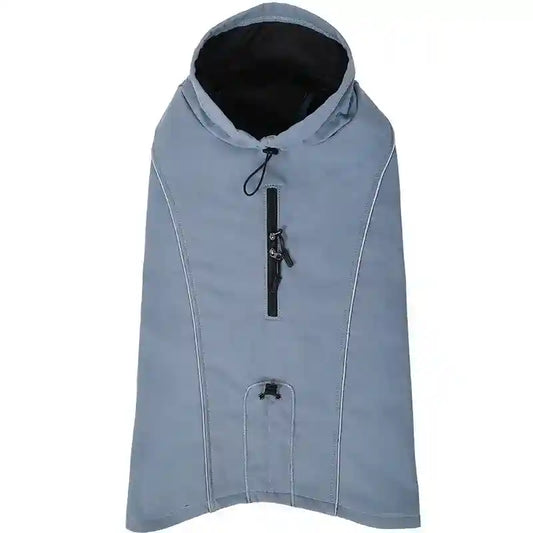 Blue outdoor sleeveless softshell hooded vest with front zipper pocket and adjustable drawstrings