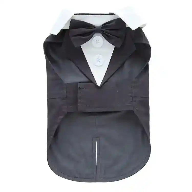 Black and white dog tuxedo with bow tie and buttons for pet formal wear