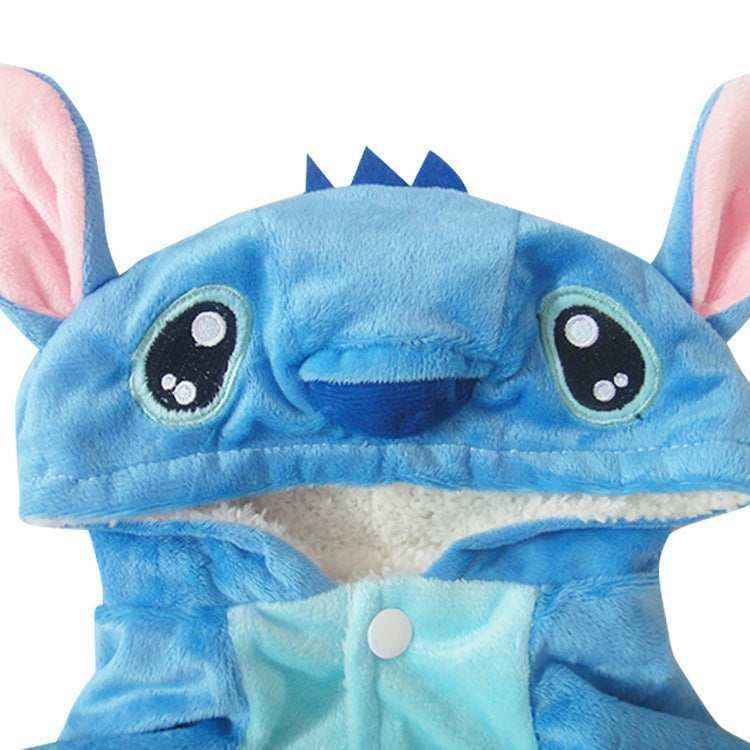 Blue plush hoodie with large ears, embroidered eyes, and a front button closure