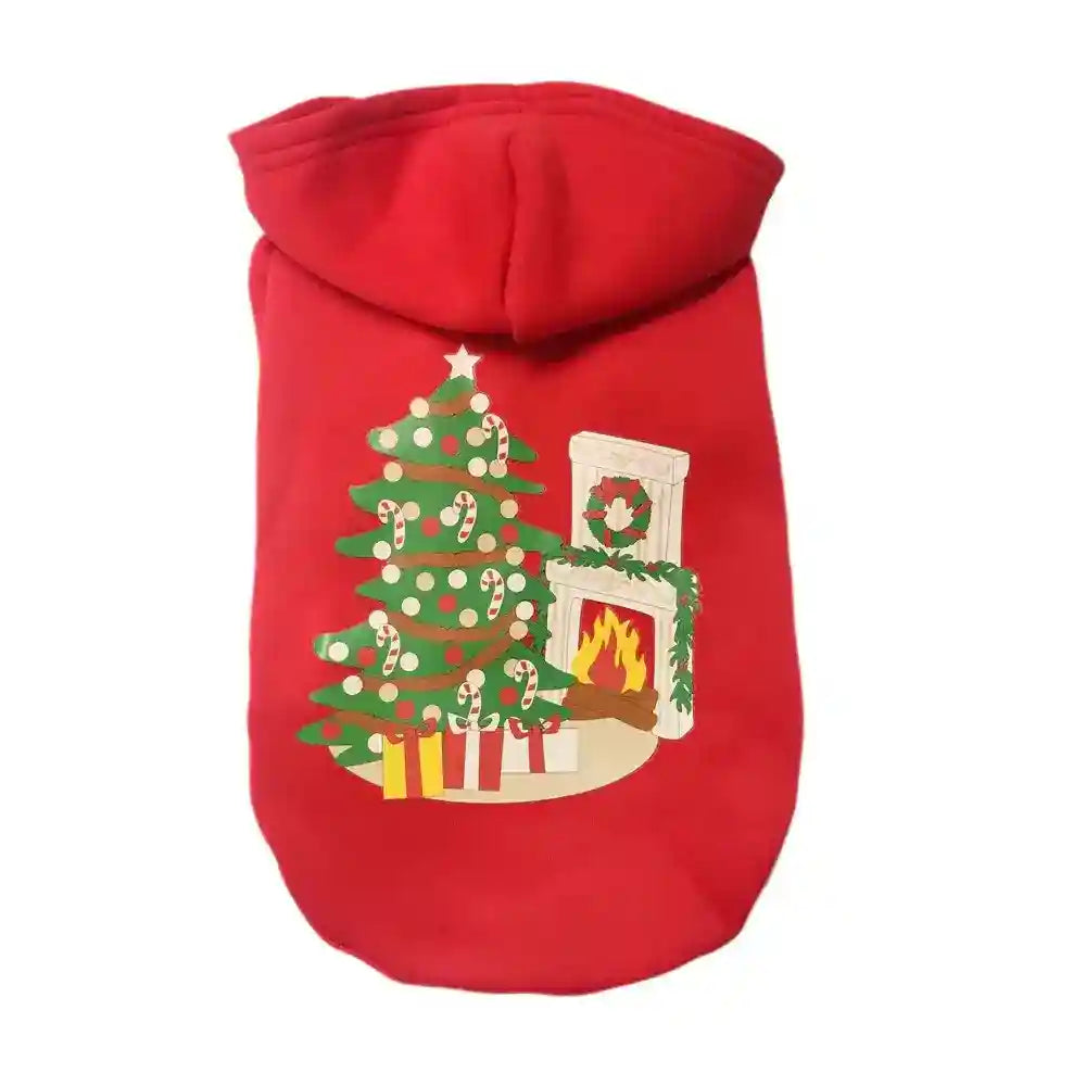 Red pet hoodie with Christmas tree, candy canes, presents, and fireplace holiday design