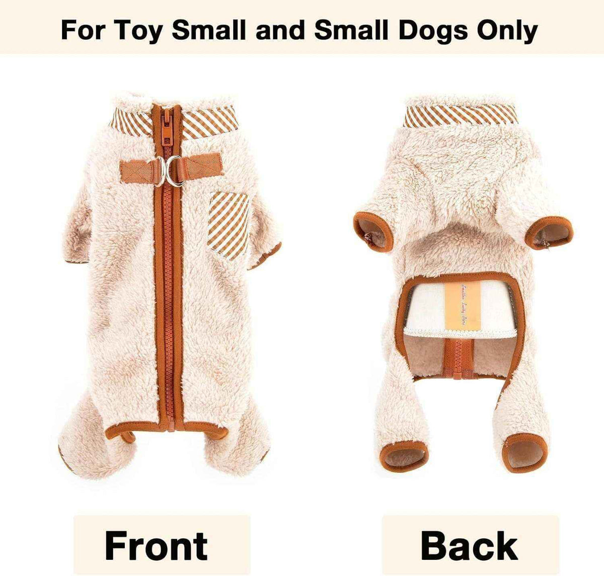 Plush beige dog jacket with brown zipper and striped accents, designed for toy and small dogs