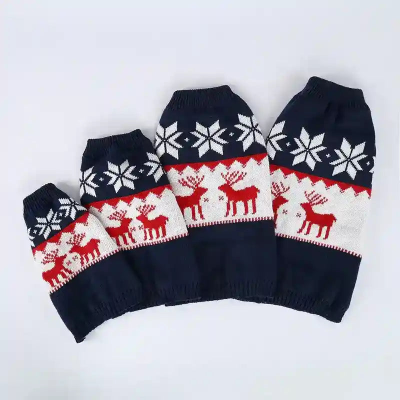 Set of four navy blue knitted dog sweaters with white snowflakes and red reindeer Christmas pattern