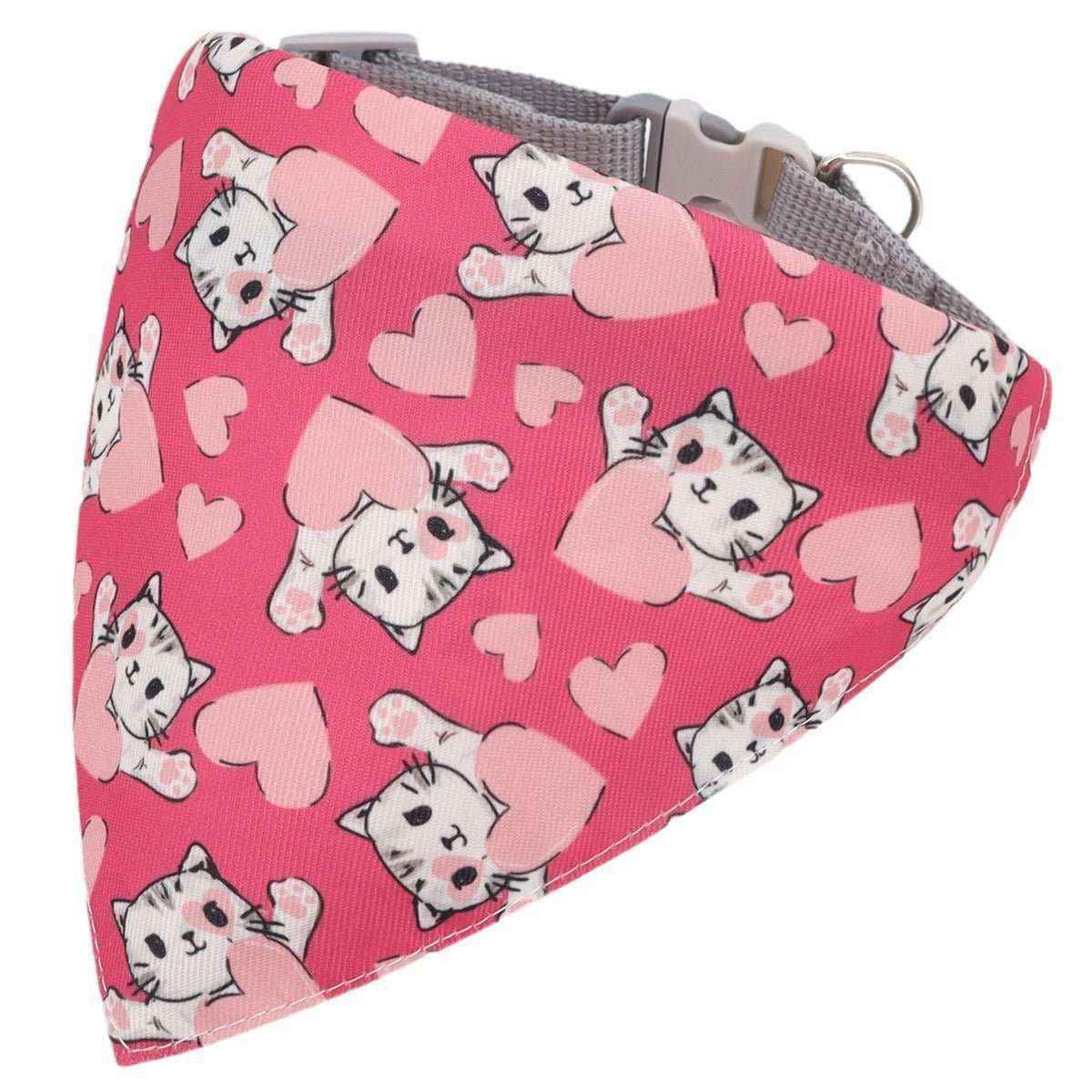 Pink dog bandana with cartoon cat and heart pattern, attached to gray nylon collar with buckle