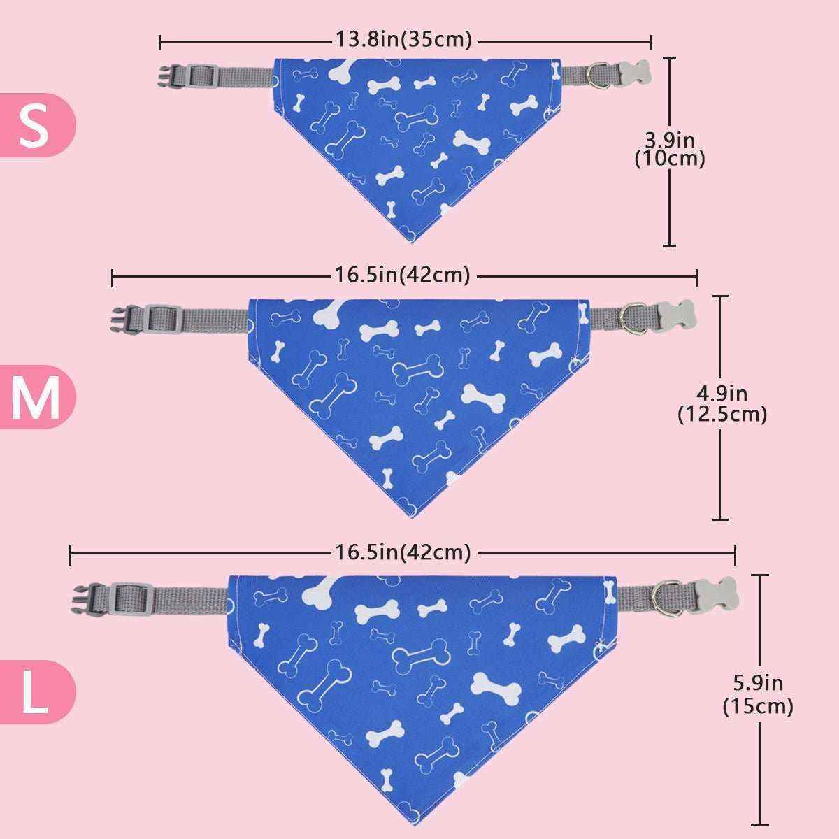 Blue dog bandanas with white bone patterns attached to gray adjustable nylon collars in sizes S, M, and L with measurements
