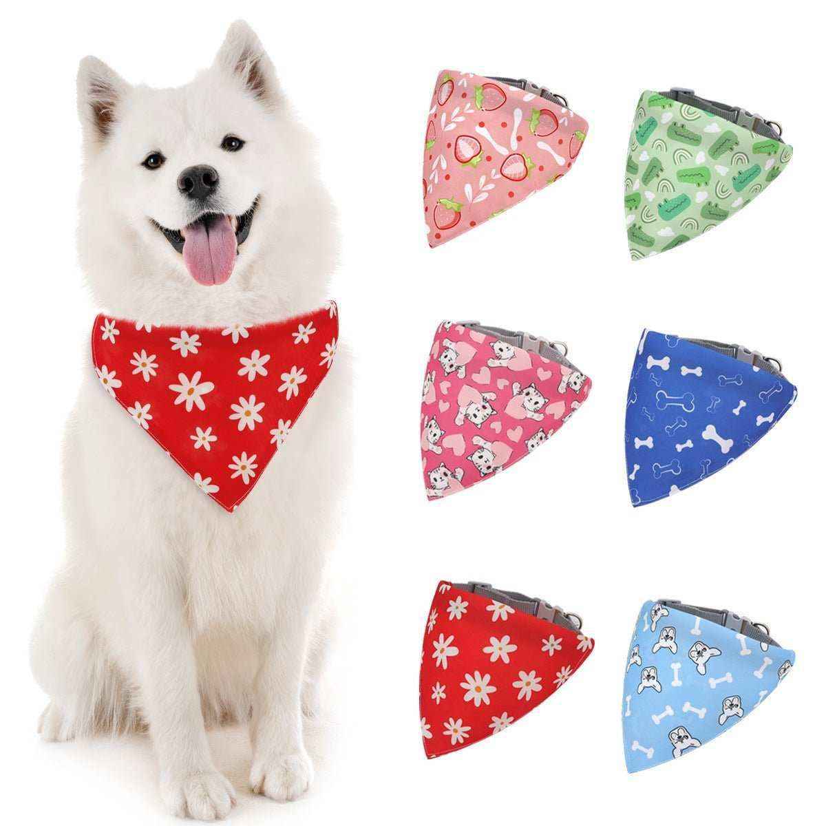 White dog wearing red floral bandana collar with six colorful patterned dog bandanas displayed
