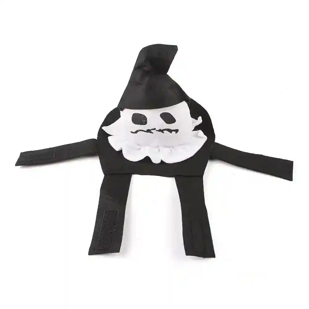 Black and white ghost dog Halloween costume with hat and Velcro straps on white background