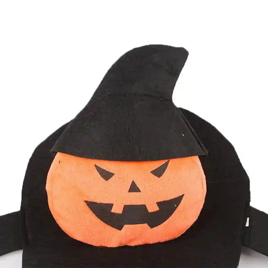 Black Halloween dog costume with orange jack-o'-lantern face and witch hat design