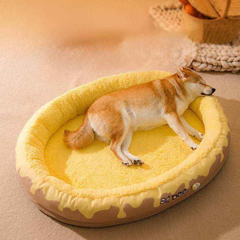 Shiba Inu dog sleeping on a yellow honey-themed soft dog bed with cozy texture indoors