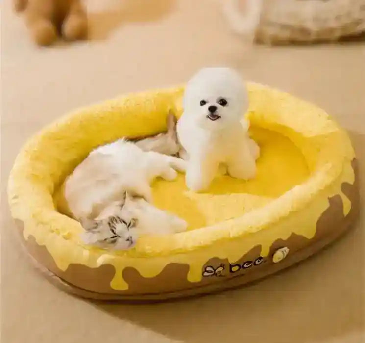 Yellow honeycomb-themed round pet bed with sleeping cat and small white dog inside