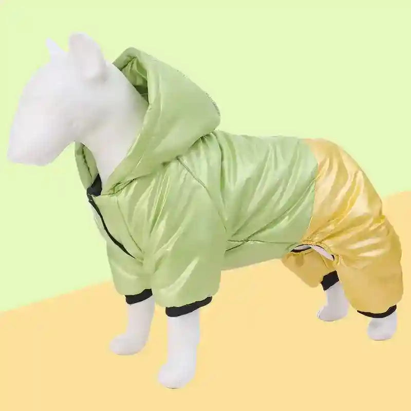 White dog mannequin wearing green and yellow waterproof dog jacket with hood