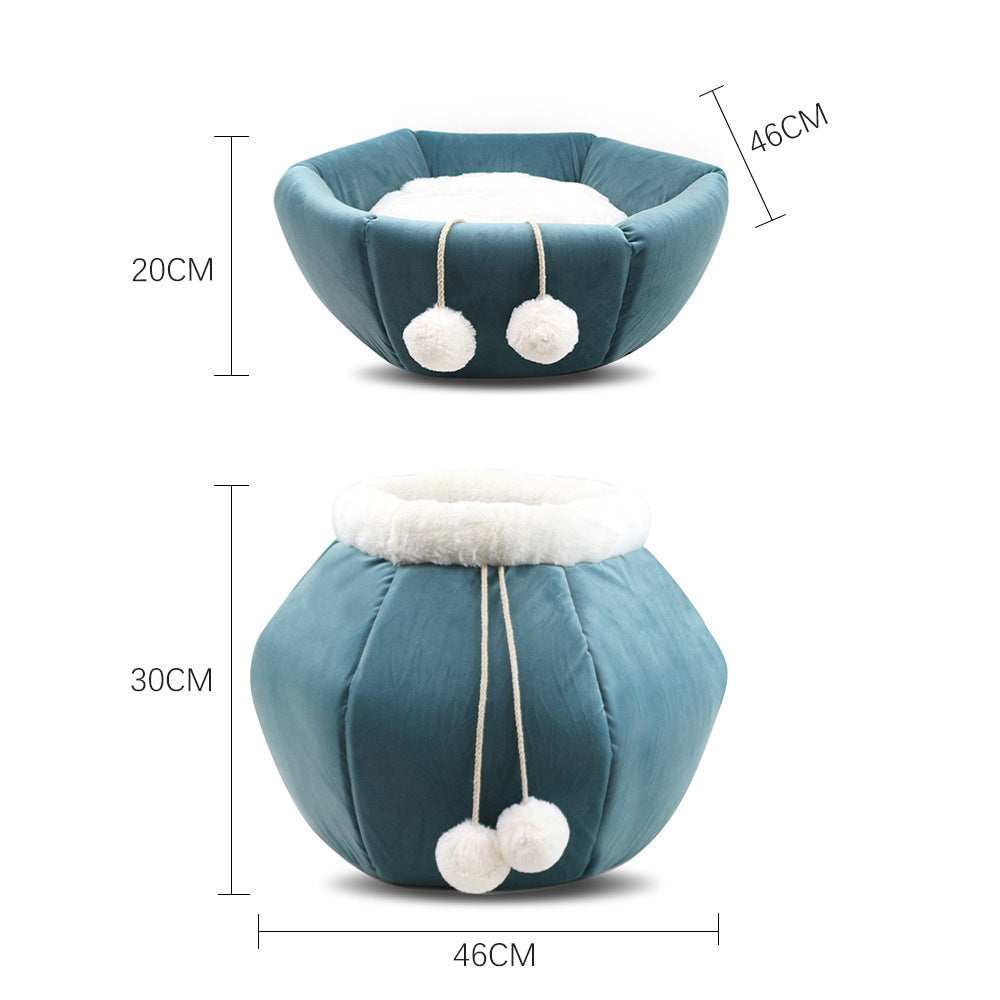 Hexagonal "Sleeping Bag" Cat Bed with Drawstring and Pom Poms