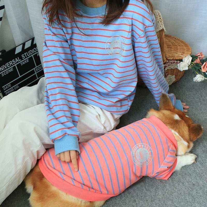 Person in blue striped sweater sitting next to corgi dog wearing matching pink striped sweater indoors