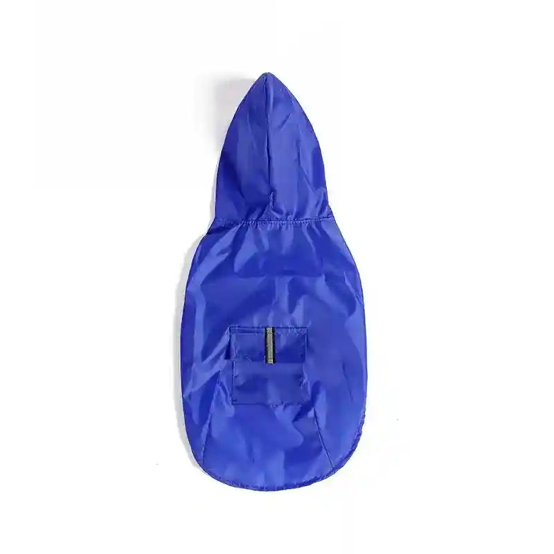 Blue waterproof dog raincoat with reflective strip and hood on white background