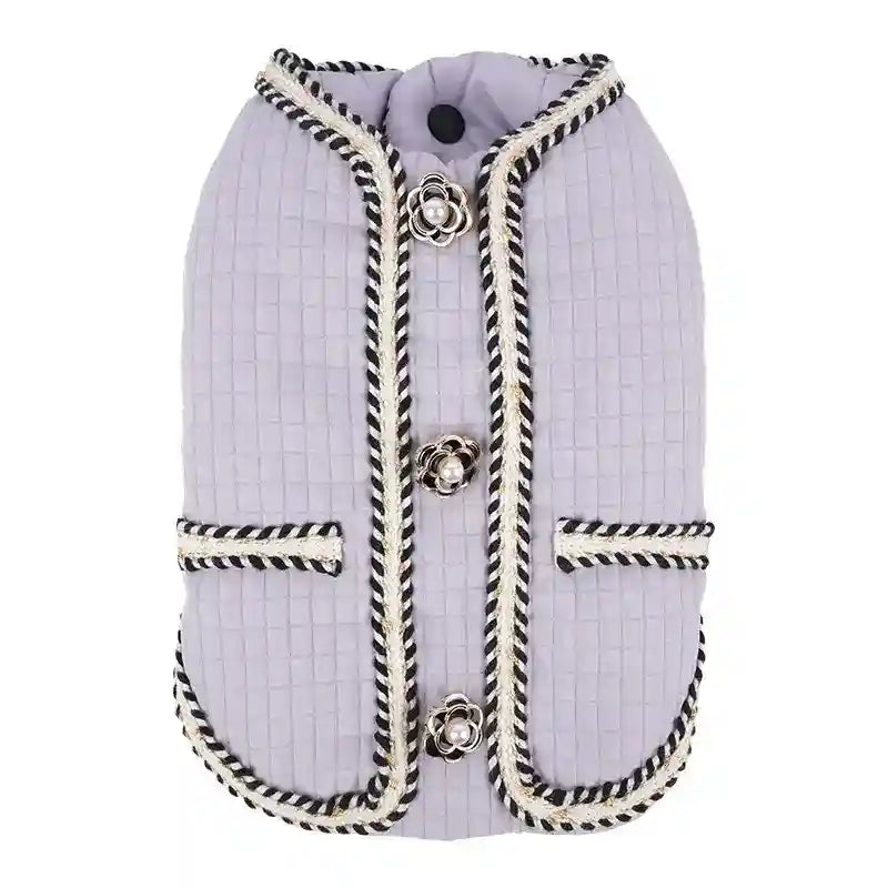 Lavender quilted pet jacket with black and white braided trim and decorative pearl flower buttons