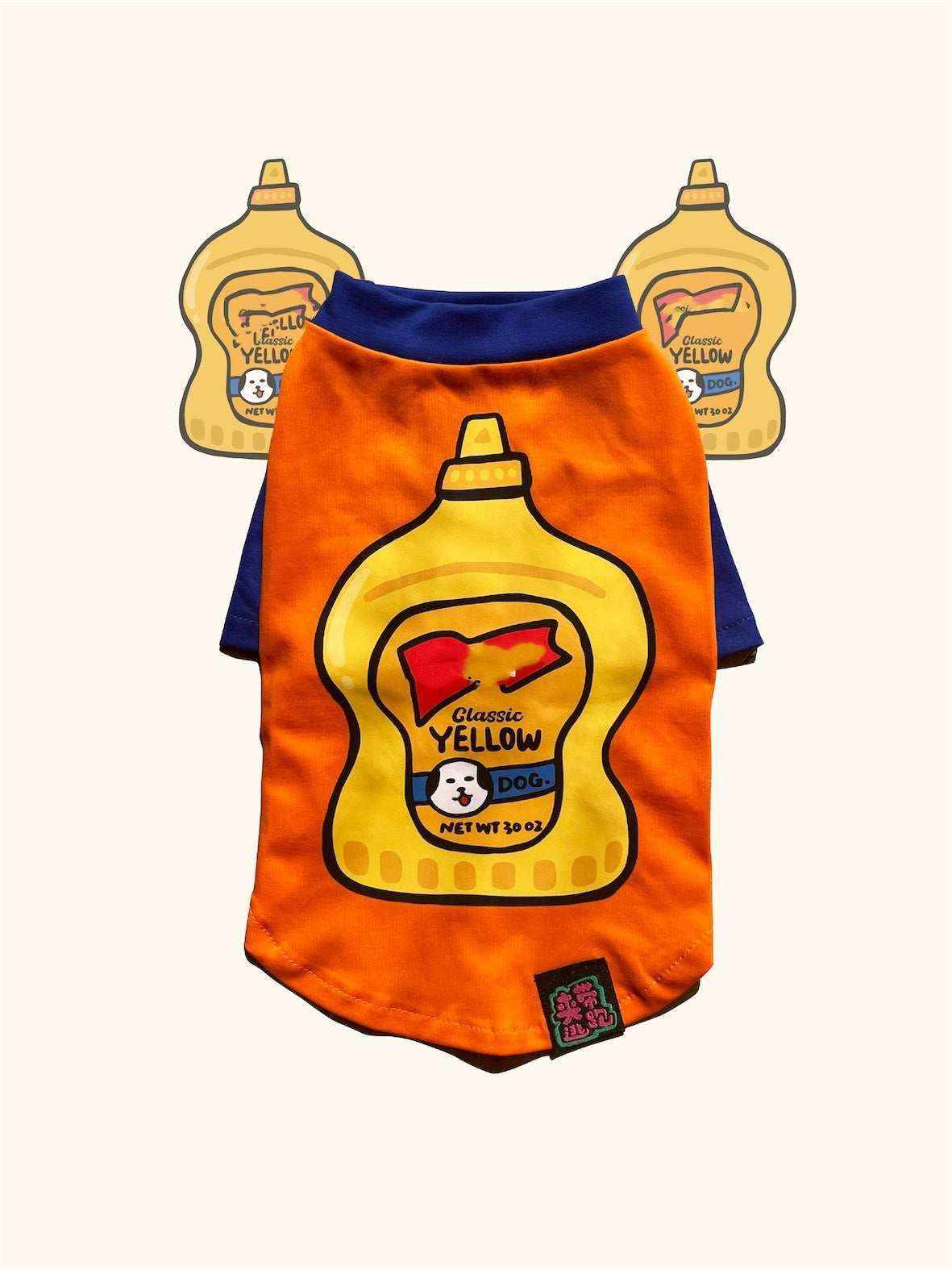 Orange dog shirt with navy collar featuring cartoon yellow mustard bottle graphic