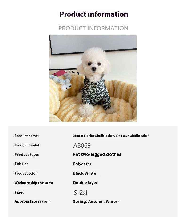 Small white poodle in black and white leopard print pet windbreaker sitting on plush striped beige dog bed