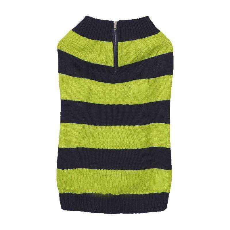 Green and black striped knit dog sweater with zipper collar, cozy pet clothing