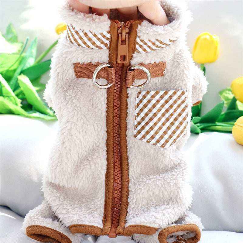 Beige fluffy pet jacket with brown zipper, metal D-rings, and gingham pocket detail
