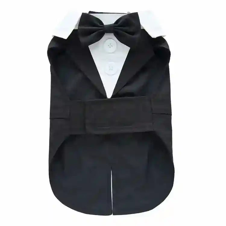 Black and white pet tuxedo costume with bow tie, buttons, and collar for small dogs
