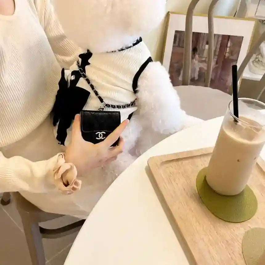 Small white poodle wearing black and white outfit with designer bag, sitting on lap at cafe table with iced coffee