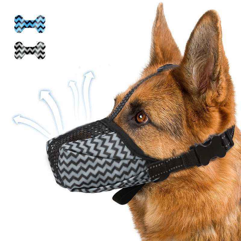 German shepherd dog wearing breathable black and gray chevron patterned muzzle