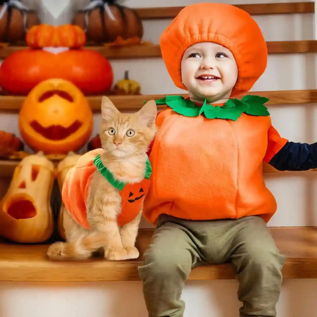 Toddler and orange cat dressed in matching pumpkin costumes sitting on wooden stairs with carved pumpkins in background