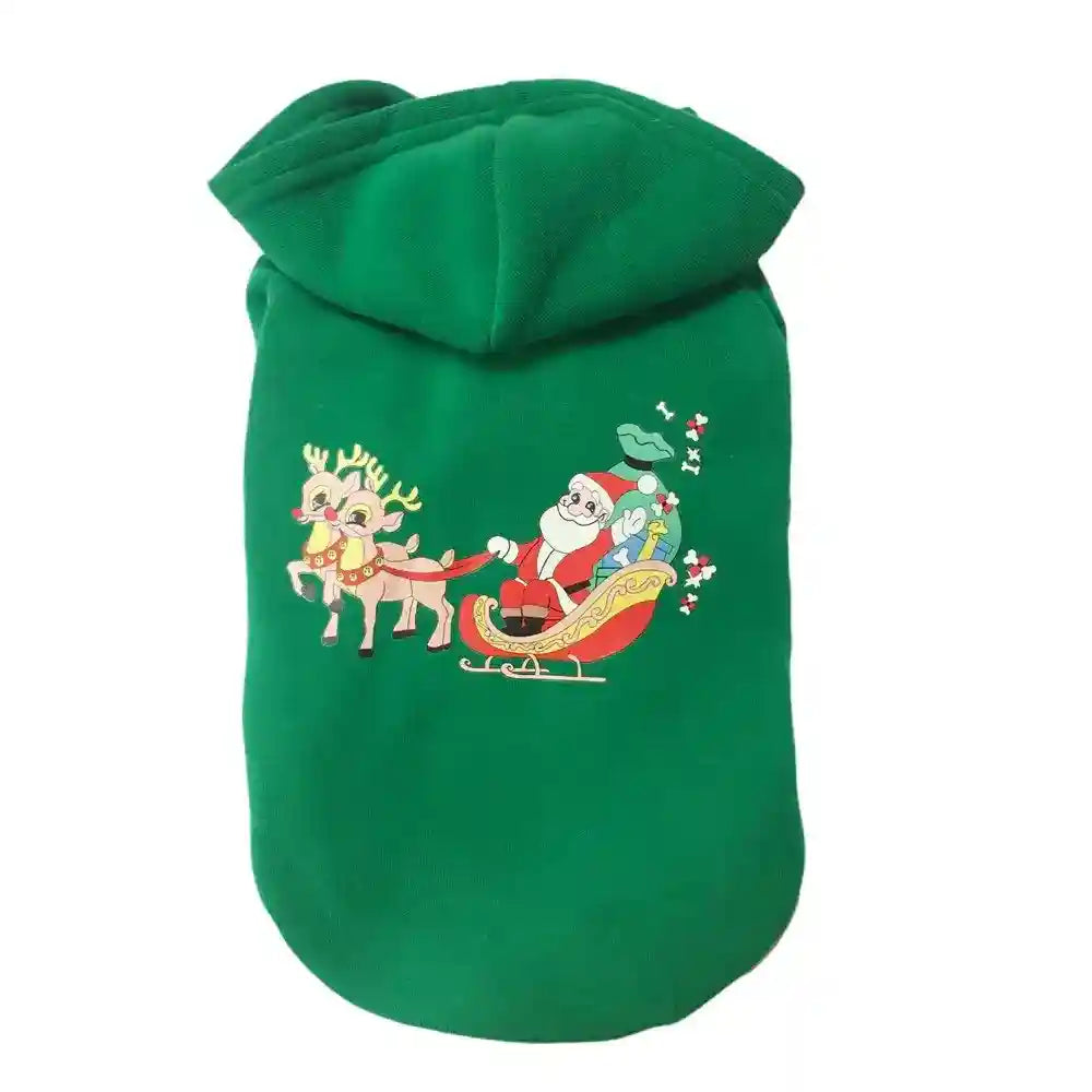 Green pet hoodie with a festive Santa Claus and reindeer sleigh print