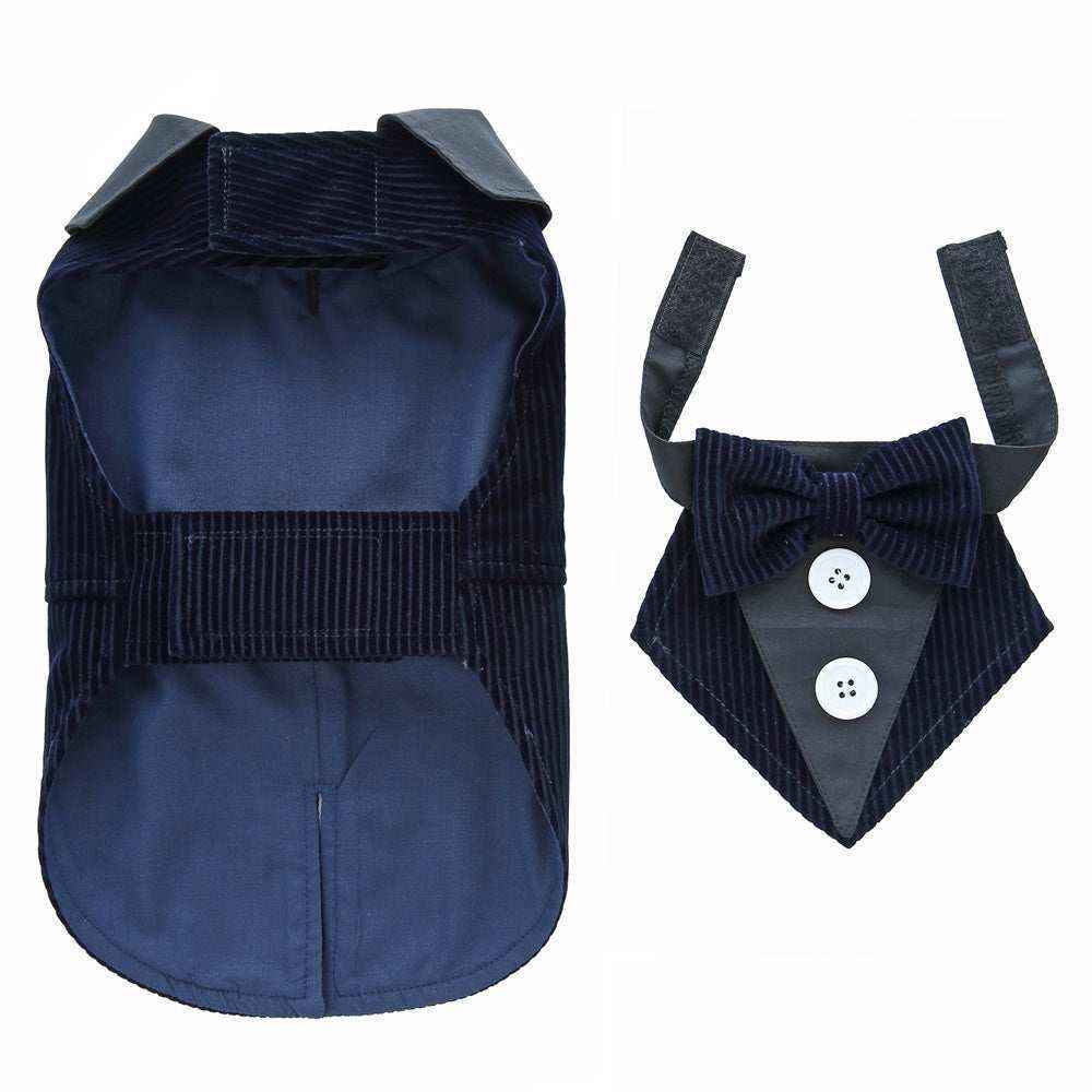 Navy blue corduroy dog tuxedo with matching bow tie and white buttons, adjustable velcro straps