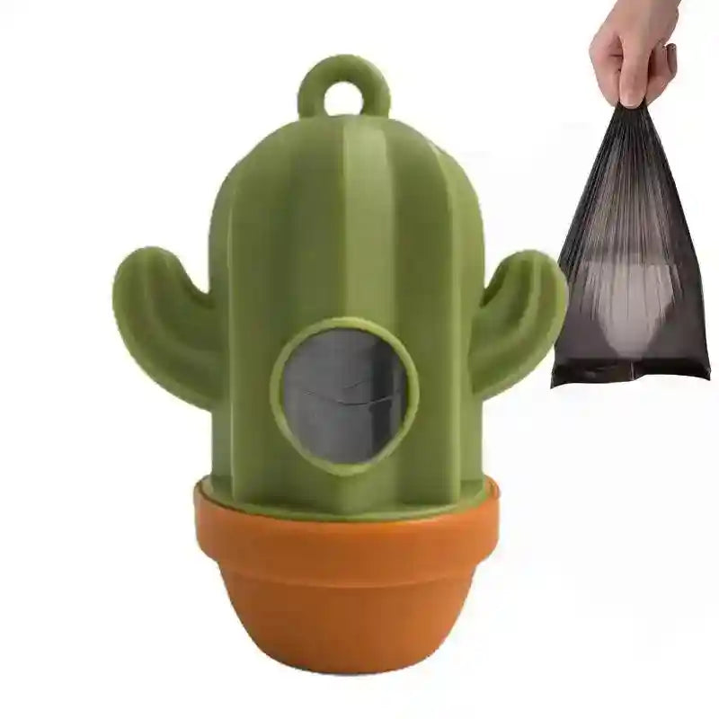 Green cactus-shaped dispenser with orange base holding black plastic bags for hygienic use