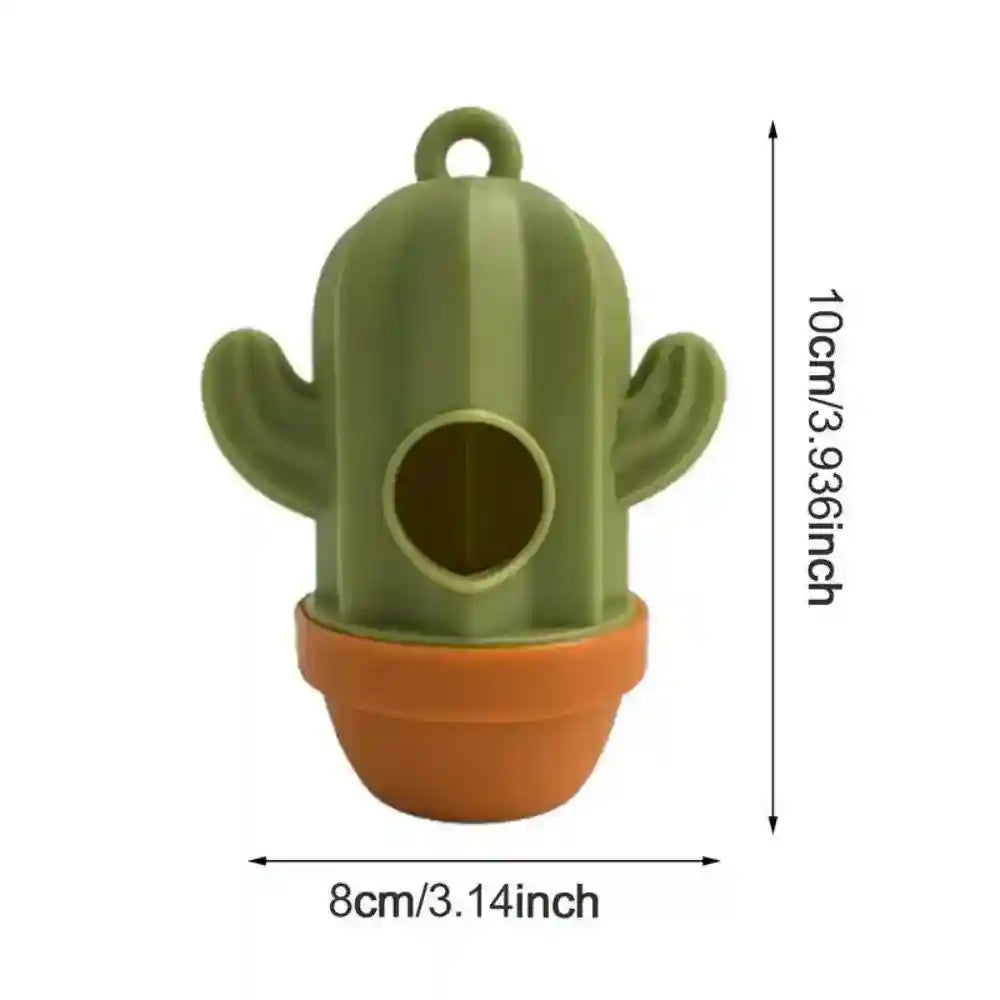 Green cactus-shaped plastic bag dispenser with terracotta pot base, 10cm height, 8cm width