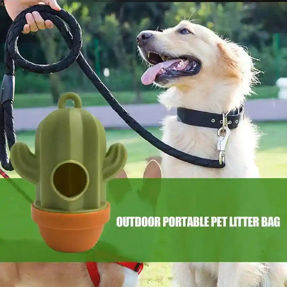 Green cactus-shaped outdoor portable pet litter bag dispenser with dogs and leash outdoors