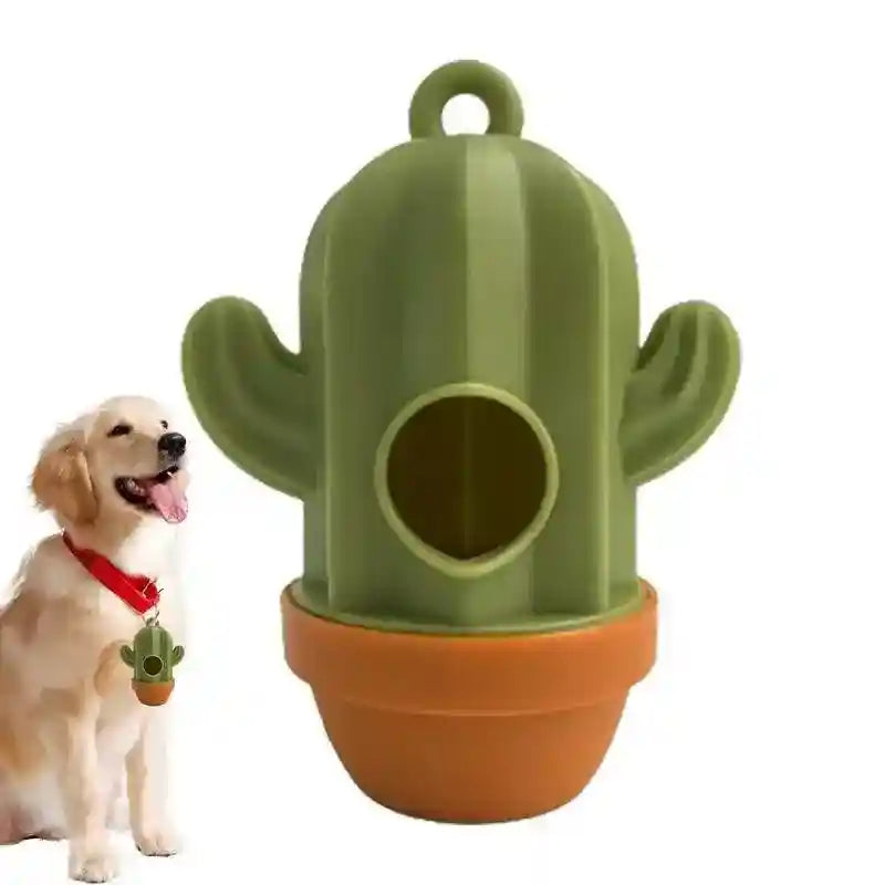 Green cactus-shaped dog waste bag dispenser with brown pot attached to dog's red collar