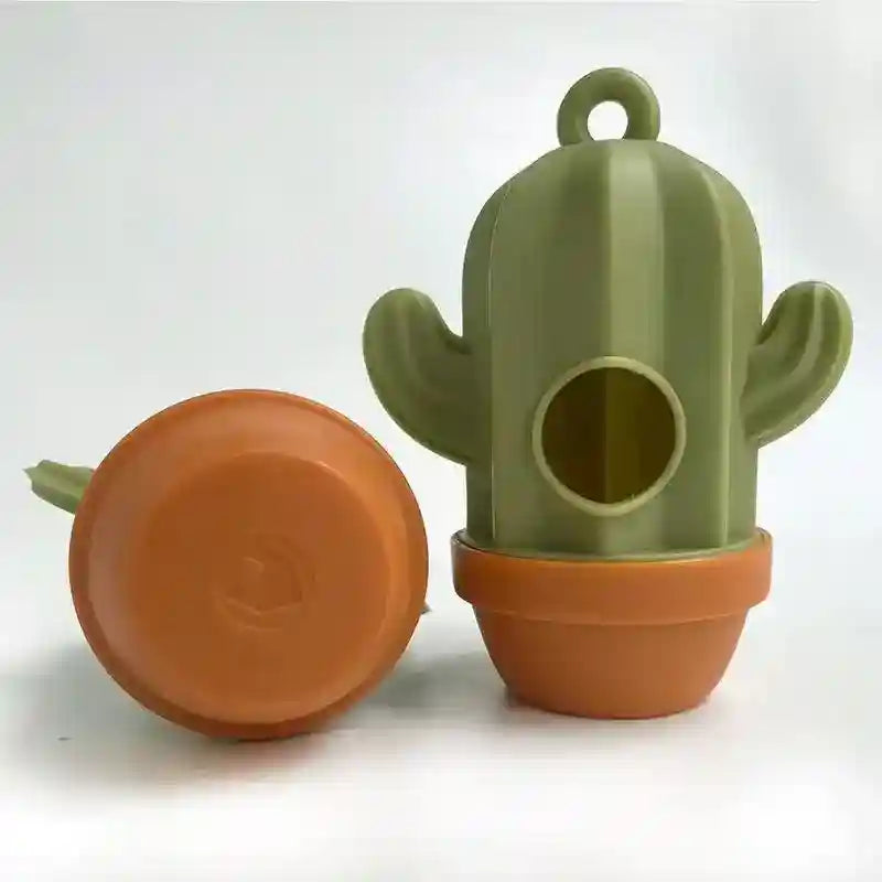 Green cactus-shaped plastic bag dispenser with brown pot base on white background