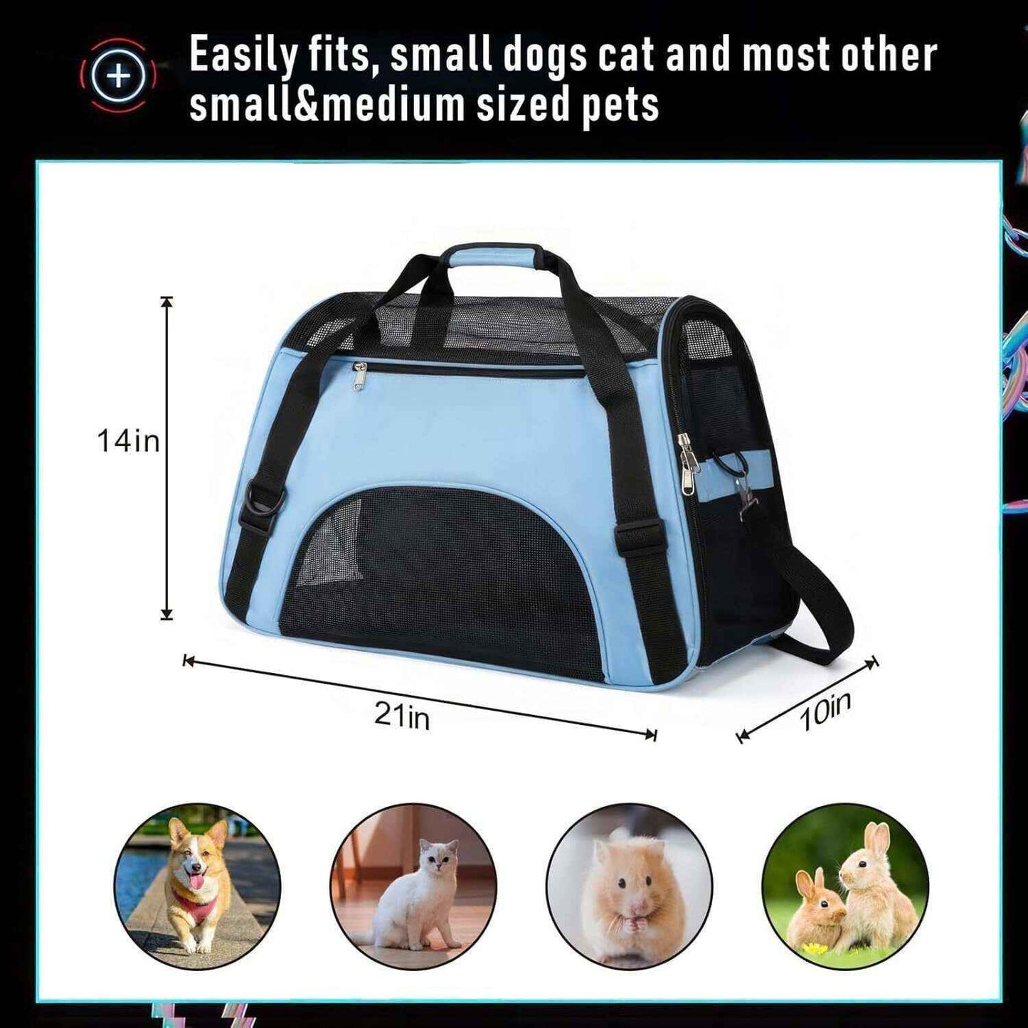 Blue and black mesh pet carrier measuring 21x14x10 inches for small to medium pets