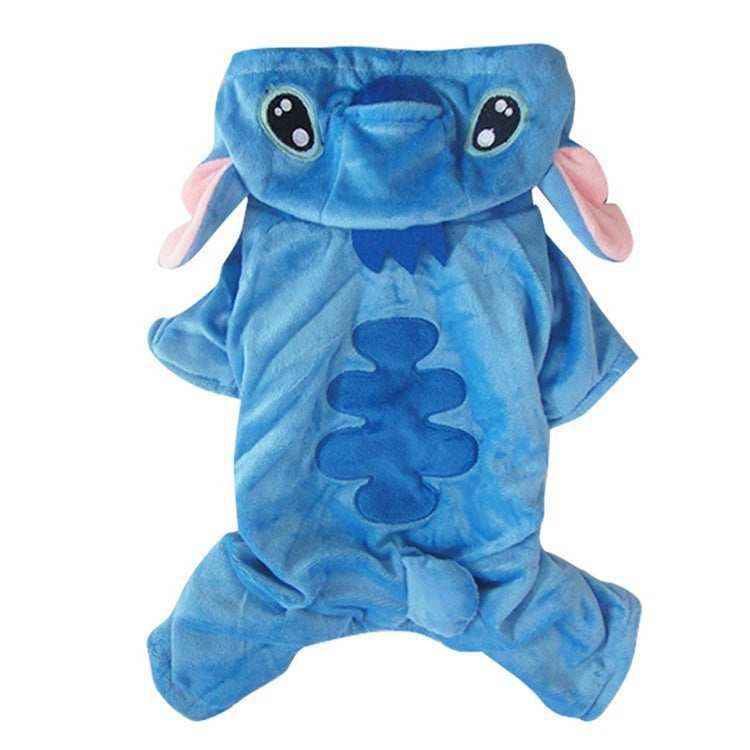 Blue plush pet costume resembling Stitch character with large eyes and ears