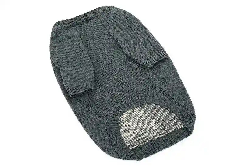 Dark gray knitted dog sweater with ribbed cuffs and round opening for belly
