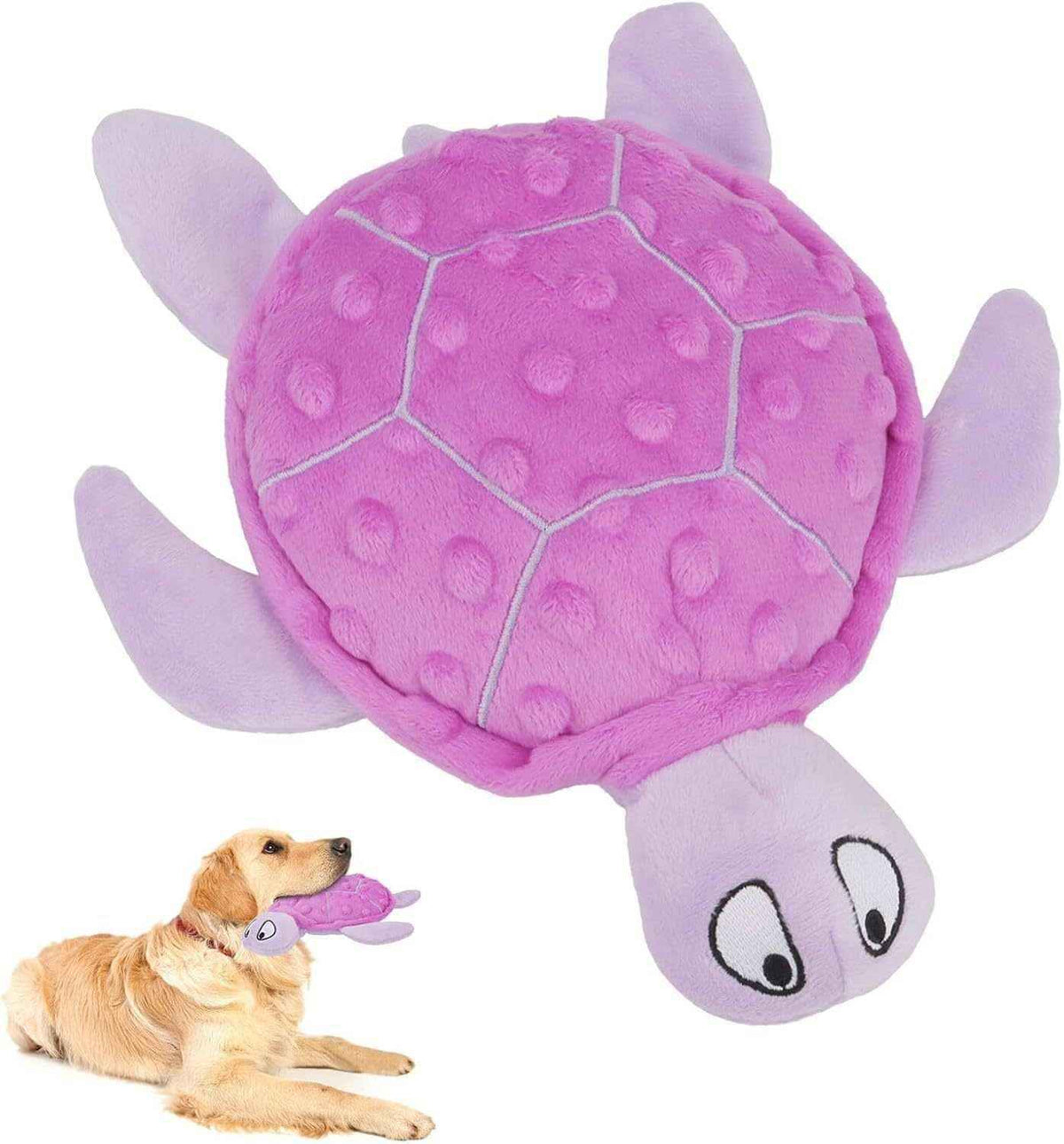 Plush purple turtle dog toy with textured shell, held in mouth by golden retriever