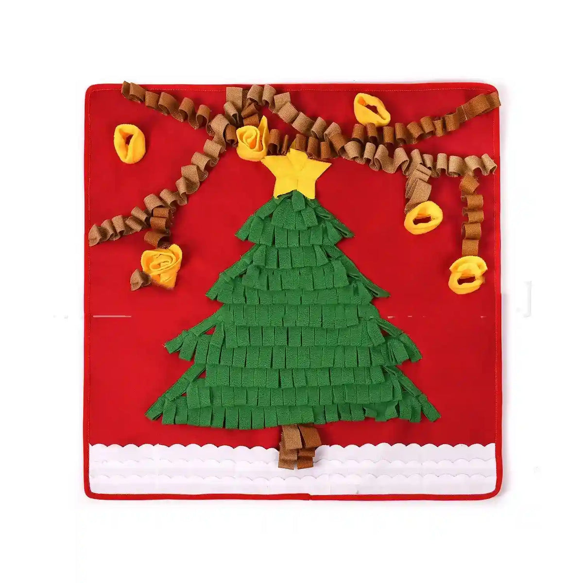 Red fabric Christmas tree mat with green felt tree, yellow star, brown garlands, and white snow trim