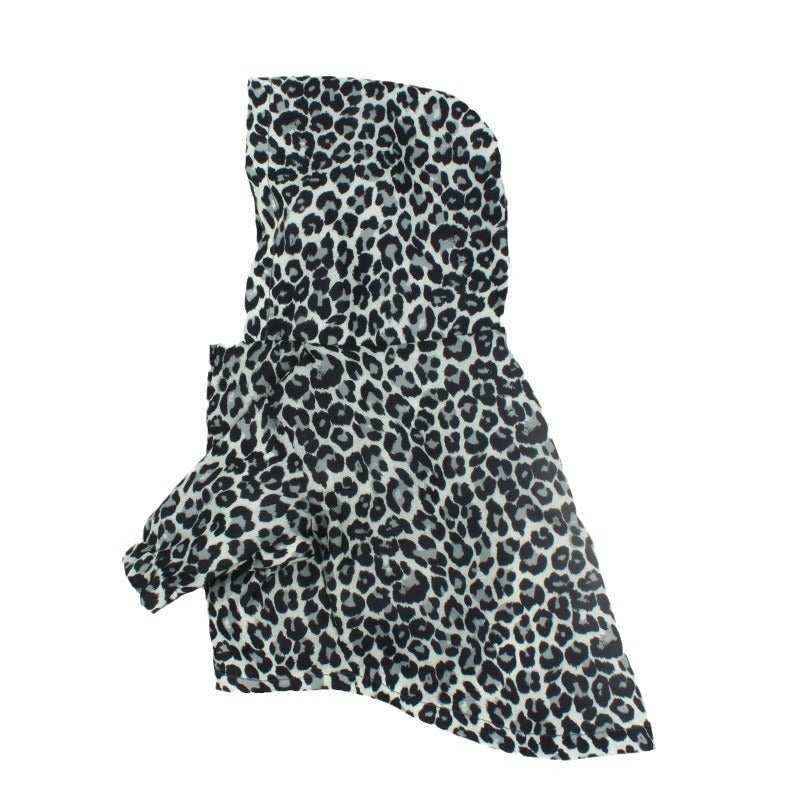 Black and white leopard print hooded dog jacket with sleeve on white background