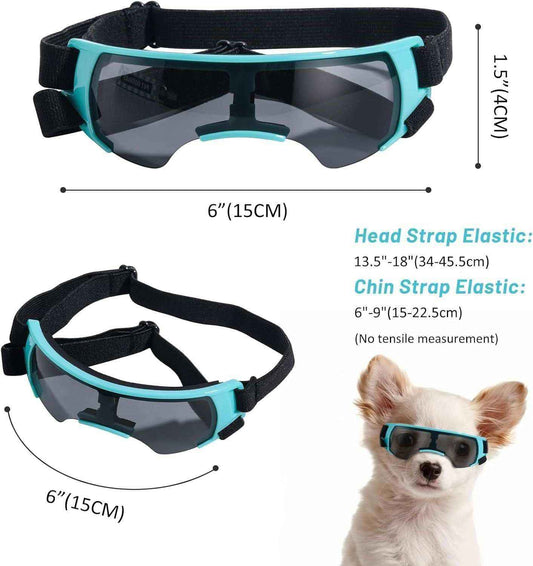 Blue protective dog goggles with adjustable black straps, shown on white dog, dimensions included