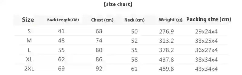 Clothing size chart detailing back length, chest, neck, weight, and packing size for sizes S to 2XL