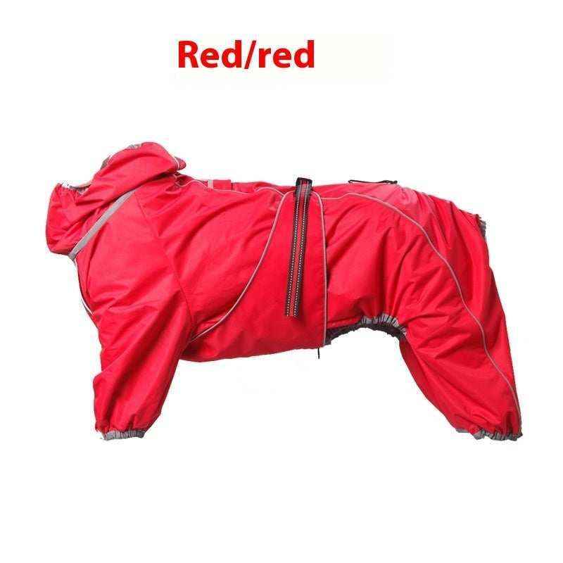 Red waterproof dog raincoat with hood and zipper for full-body protection