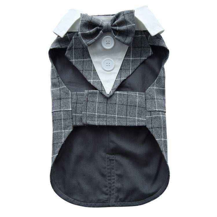 Gray plaid dog tuxedo with white collar, buttons, and matching bow tie on white background